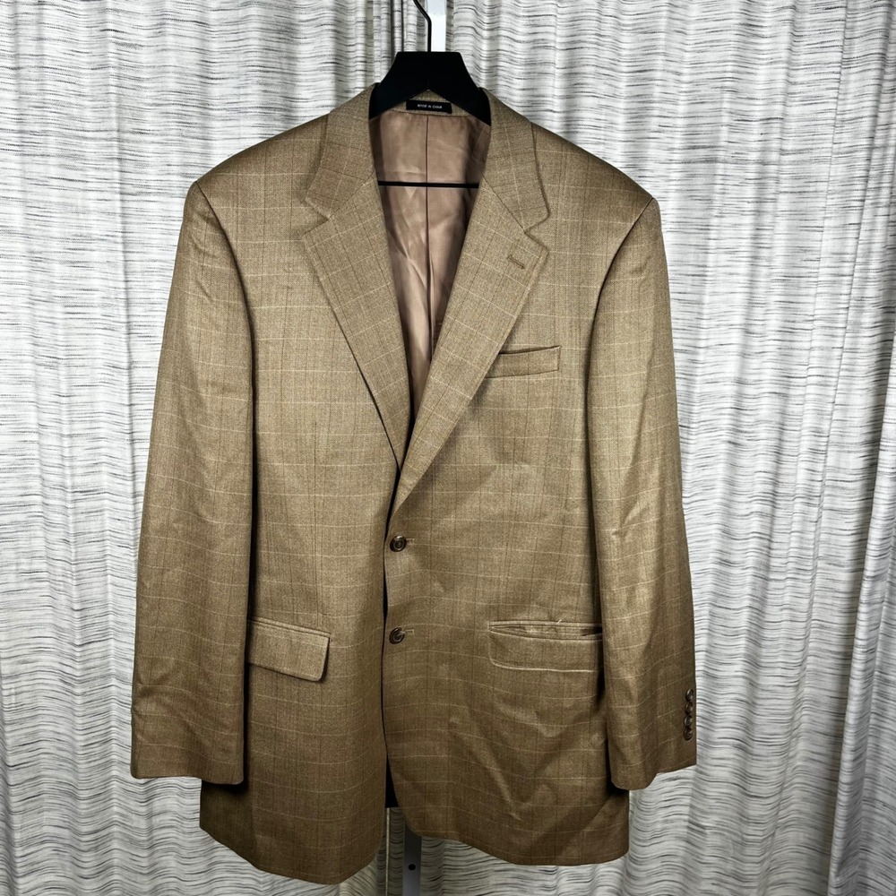 Lauren Ralph Lauren Silk Wool Blazer 42L Tan Brown Windowpane Herringbone Jacket